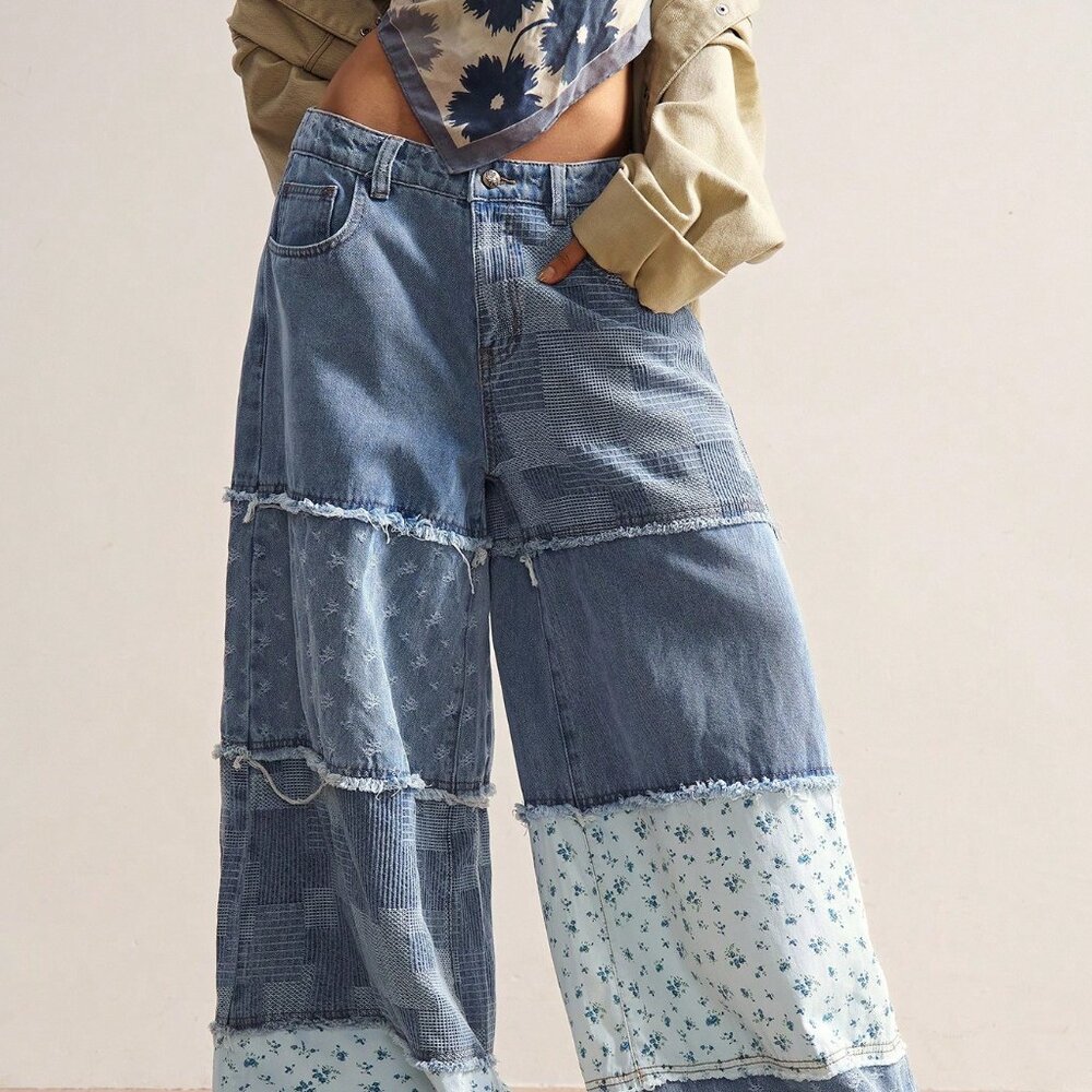 Blue Boho Casual Women's Loose Patchwork Wide Leg Jeans - Picture 4 of 7